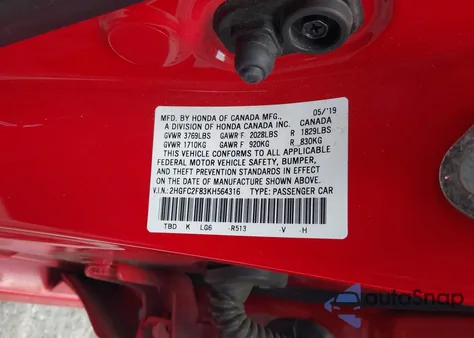 2019 Honda Civic Sport из США, поврежденный, VIN 2HGFC2F83KH564316